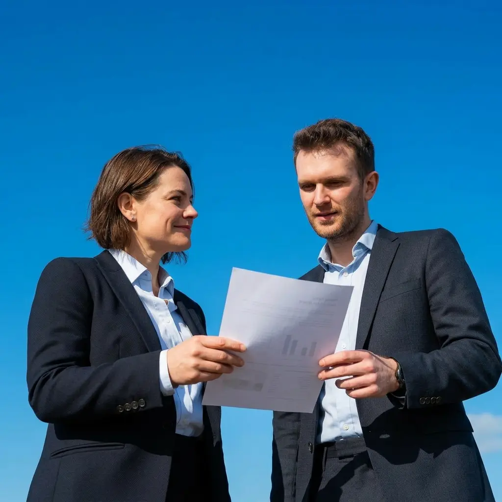 Specialist finance analyst reviewing documents on a clipboard against a bright blue sky